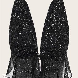 SHEIN Icon Black Contrast Sequin Front Tie Crop Top NWOT